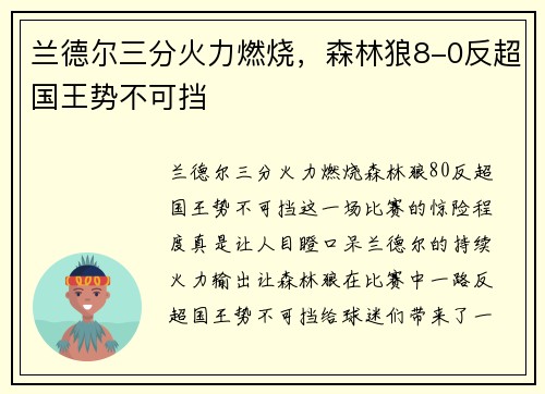 兰德尔三分火力燃烧，森林狼8-0反超国王势不可挡